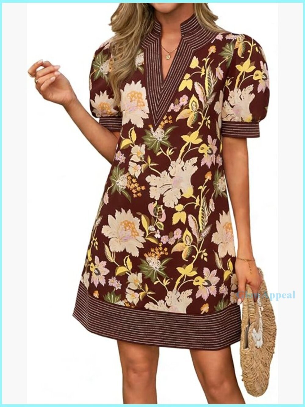 Lightweight V-Neck Shift Dress with Puff Sleeves and Pockets